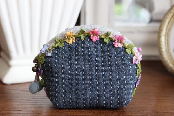 Photo2: Mini Pouch with Ribbon Braid / Navy (2)