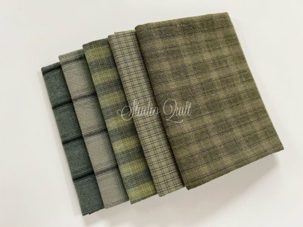 Photo1: Yarn Dyed Fabric - Set of 5 Cuts (23-4-7) Green  (1)