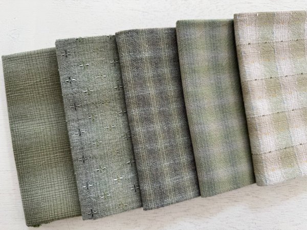 Photo2: Yarn Dyed Fabric - Set of 5 Cuts (26-2-2) Green (2)