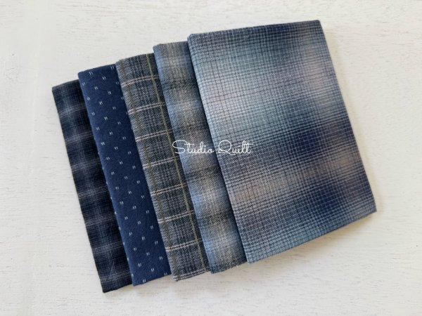 Photo1: Yarn Dyed Fabric - Set of 5 Cuts (26-6-17) Blue (1)