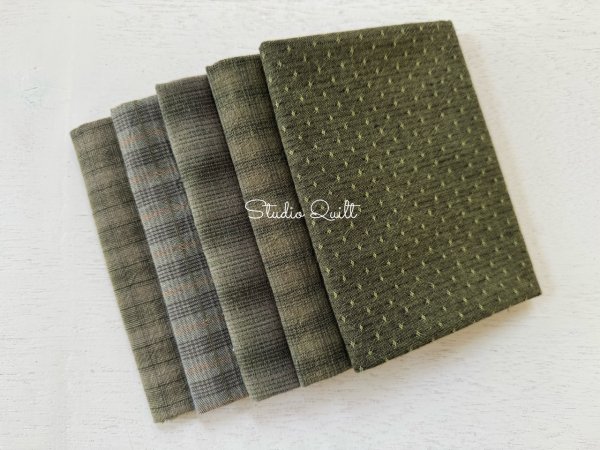 Photo1: Yarn Dyed Fabric - Set of 5 Cuts (26-6-17) Green (1)