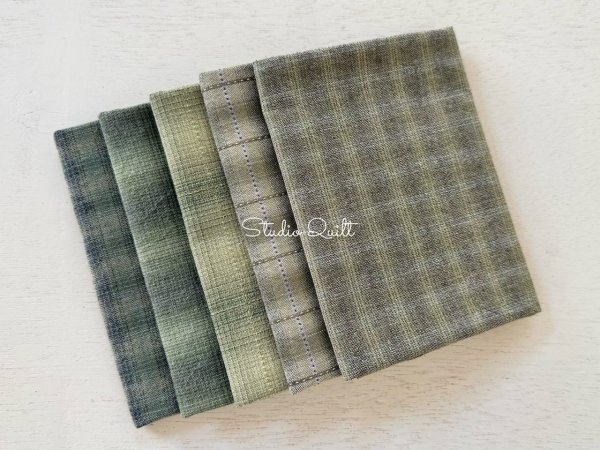 Photo1: Yarn Dyed Fabric - Set of 5 Cuts (26-9-25) Green (1)